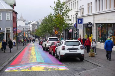 Iceland, Reykjavik, August 7th 2022 - Pride month, rainbow flag on balcony