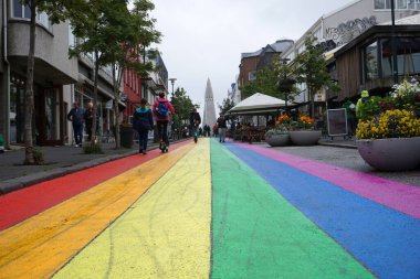 Iceland, Reykjavik, August 7th 2022 - Pride month, rainbow flag on balcony