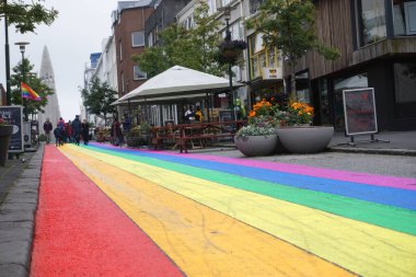 Iceland, Reykjavik, August 7th 2022 - Pride month, rainbow flag on balcony