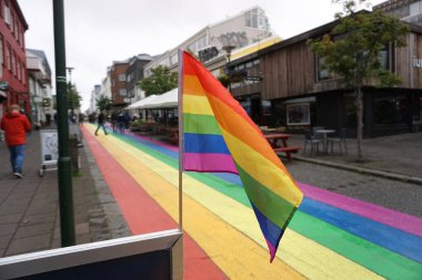 Iceland, Reykjavik, August 7th 2022 - Pride month, rainbow flag on balcony