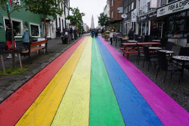 Iceland, Reykjavik, August 7th 2022 - Pride month, rainbow flag on balcony