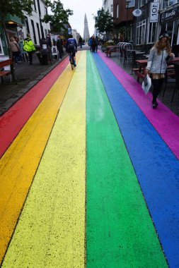 Iceland, Reykjavik, August 7th 2022 - Pride month, rainbow flag on balcony