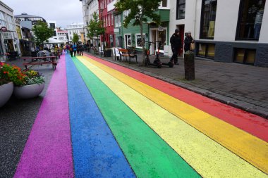 Iceland, Reykjavik, August 7th 2022 - Pride month, rainbow road in downtown
