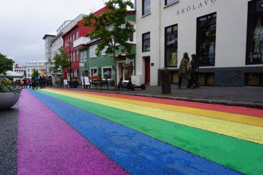 Iceland, Reykjavik, August 7th 2022 - Pride month, rainbow road in downtown