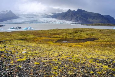 Fjallsarlon Iceberg Lagoon in Iceland - glacier, ice floes, mountains and lake shore