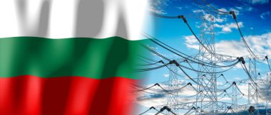 Bulgaristan - ülke bayrağı ve elektrik direkleri - 3D illüstrasyon