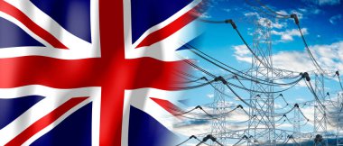 Birleşik Krallık - Ülke bayrağı ve elektrik direkleri- 3D illüstrasyon