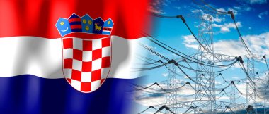 Hırvatistan - ülke bayrağı ve elektrik direkleri - 3D illüstrasyon