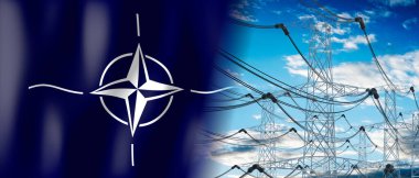 NATO - ülke bayrağı ve elektrik direkleri - 3D illüstrasyon