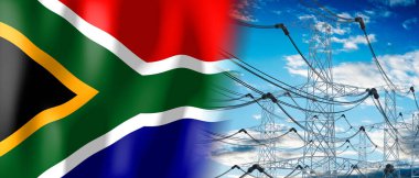 Güney Afrika - ülke bayrağı ve elektrik direkleri - 3D illüstrasyon