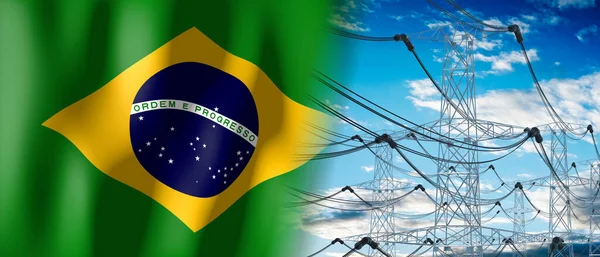Бразильський Прапор Електричні Пілони — стокове фото