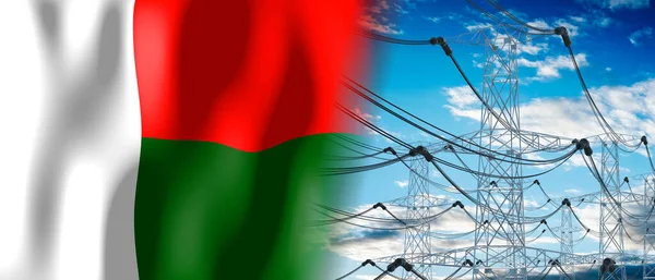 マダガスカル 国旗と電気パイロン 3Dイラスト — ストック写真