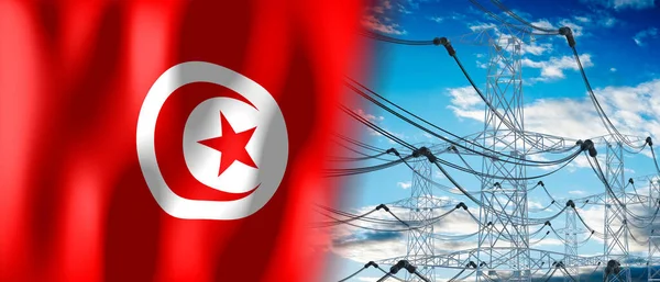 チュニジア 国旗と電気パイロン 3Dイラスト — ストック写真