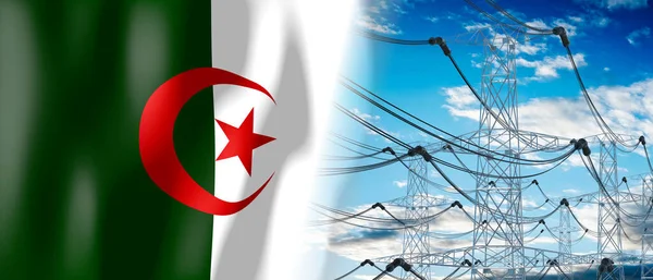 アルジェリア 国旗と電気パイロン 3Dイラスト — ストック写真