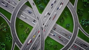 Otoyol kavşağı / karayolu kavşağı yoğun trafiğin olduğu şehir merkezinde - yukarıdan görünüm, uzaklaşma - 3840x2160 px).