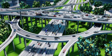Otoyol kavşağı / yol kavşağı ile kavşak kavşağı - 3 boyutlu illüstrasyon