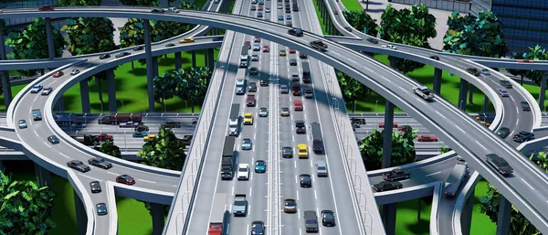 交通繁忙城市的公路交叉口 公路交汇处 3D图解 — 图库照片
