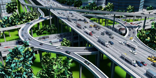 高速道路の交差点 ロータリーとの道路交換 3Dイラスト — ストック写真