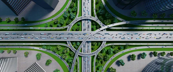 交通量の多い街の高速道路の交差点 道路のインターチェンジ 3Dイラスト — ストック写真