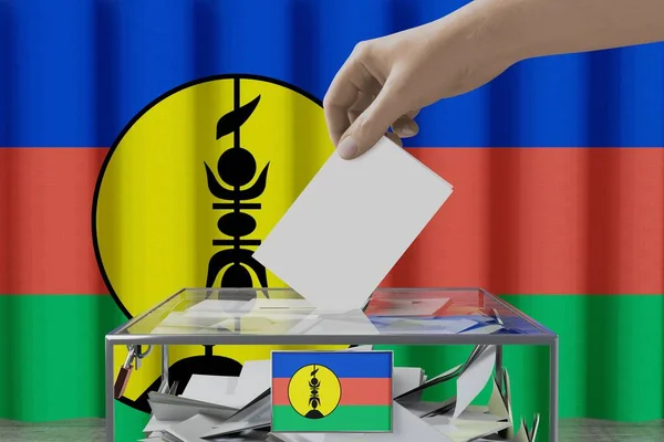 Bandiera Della Nuova Caledonia Mano Cadere Scheda Elettorale Una Scatola — Foto Stock