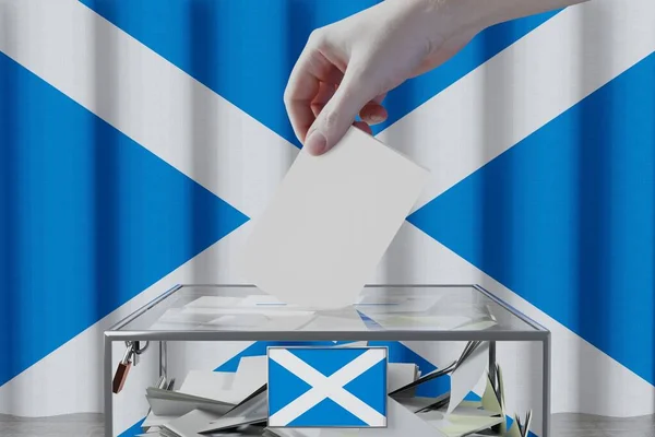 Skotská Vlajka Ruční Upuštění Volební Karty Krabice Koncept Hlasování Voleb — Stock fotografie