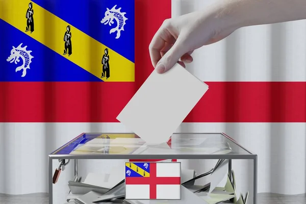 Bandera Herm Mano Dejando Caer Tarjeta Votación Una Caja Concepto — Foto de Stock