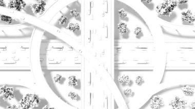 Yoğun trafik ile şehir merkezinde karayolu kavşağı / kavşağı - yukarıdan görünüm, uzaklaşma - siyah ve beyaz 3D 4k animasyon (3840x2160 px).