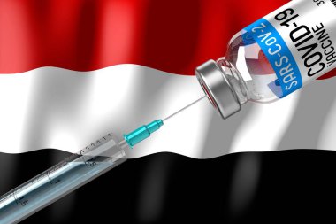 Covid-19, SARS-CoV-2, Yemen 'de koronavirüs aşısı programı, şişe ve şırınga - 3 boyutlu illüstrasyon