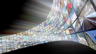 Ekranlar duvarı, çok sayıda görüntü, ışık huzmesi - İnternet üzerinden yayın yapan televizyon kanalları veya filmler için harika - 3840x2160 px).