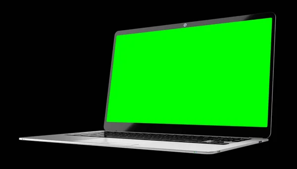 Laptop Modern Dengan Layar Hijau Kosong Pada Latar Belakang Hitam — Stok Foto