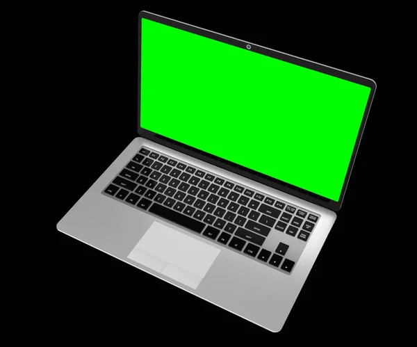 Moderner Laptop Mit Leerem Grünen Bildschirm Auf Schwarzem Hintergrund Illustration — Stockfoto