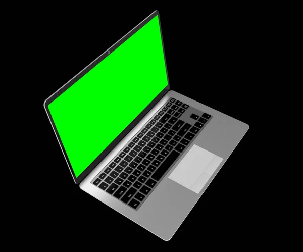 Moderner Laptop Mit Leerem Grünen Bildschirm Auf Schwarzem Hintergrund Illustration — Stockfoto