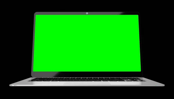 Laptop Modern Dengan Layar Hijau Kosong Pada Latar Belakang Hitam — Stok Foto