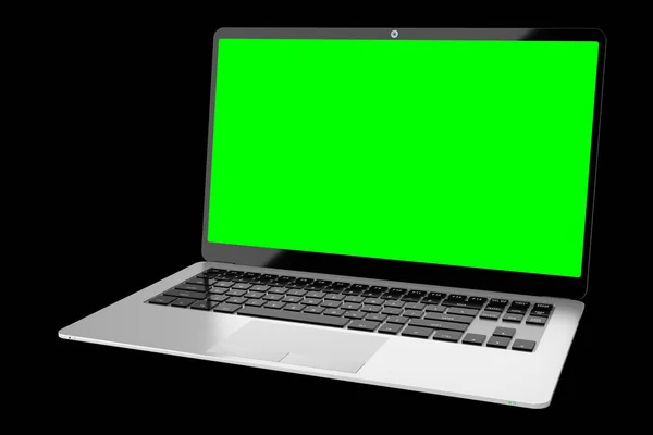 黒の背景に空の緑の画面を持つ現代のラップトップ 3Dイラスト — ストック写真