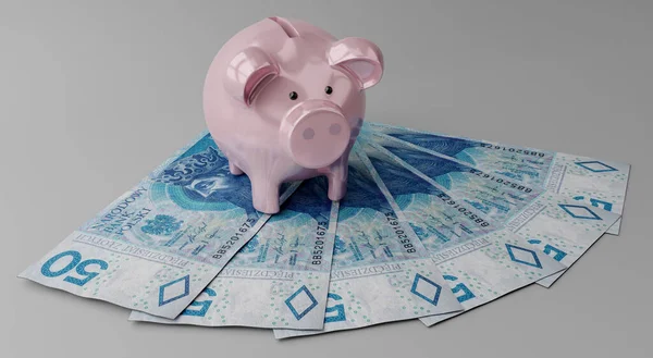 Piggy bank and 50 PLN bills - 3D illustration