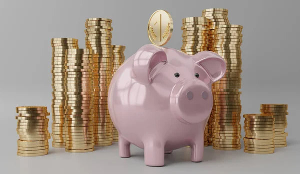 小猪银行和金币 3D插图 — 图库照片