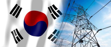 Güney Kore - Ülke bayrağı ve elektrik direkleri - 3D illüstrasyon