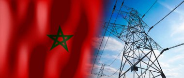 Fas - Ülke bayrağı ve elektrik direkleri - 3D illüstrasyon