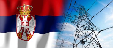 Sırbistan - ülke bayrağı ve elektrik direkleri - 3D illüstrasyon