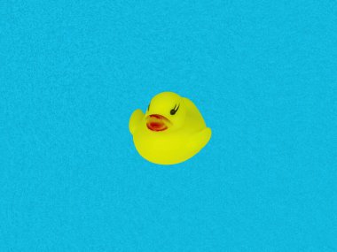 Oyuncak kuş sarı ördek yavrusu suyun mavi arka planında.