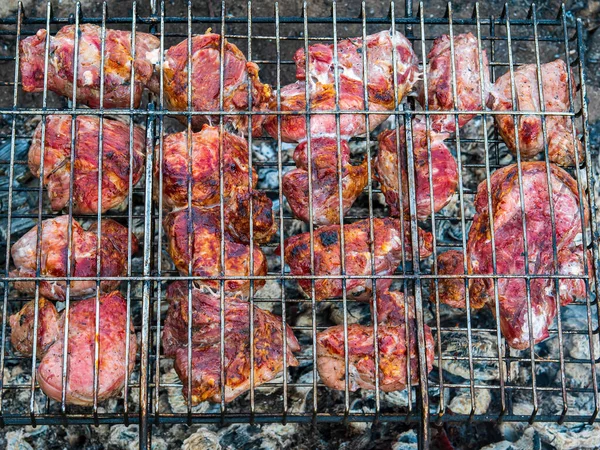 Vepřové steaky na železném grilu nad ohněm. — Stock fotografie