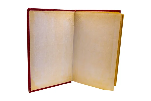 白い背景に開いている古い本の黄色のページ 古い本だ 黄色い紙のページ レトロなスタイル 教育の源 白い背景に隔離されています テキストの場所 — ストック写真
