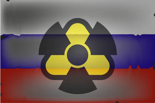 Rus Bayrağının Arkasında Nükleer Tehlike Işareti Var Radyoaktif Kirlenme Belirtisi — Stok Vektör