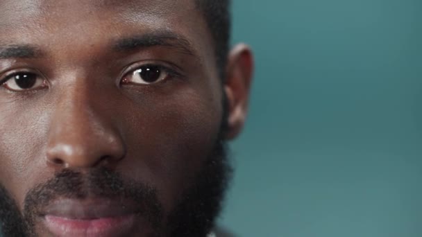 Młody czarny brodaty mężczyzna w oficjalnym garniturze mruga i patrzy w kamerę — Wideo stockowe