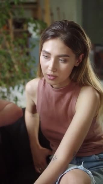 Two Lgbt Girls Sitting Lining Room Sofa Playing Guitar Singing — Stock Video