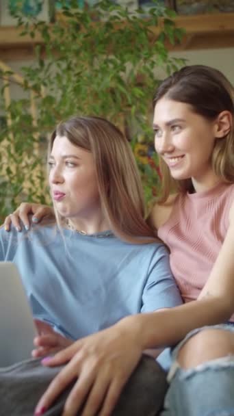 Two Young Beautiful Ladies Searching Internet Laptop Discussing Smiling High — Stock Video