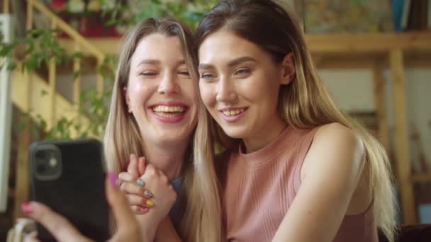 Two Young Lgbt Ladies Talking Friends Video Call Listening Attentively — Vídeo de Stock