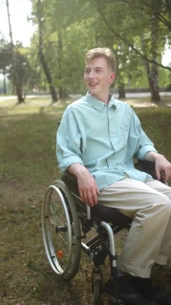 Disabled Man Park Pleased Good Weather Smiling Looking Camera High — Stock Video
