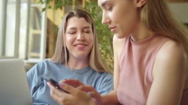 İki genç ve güzel bayan internette dizüstü bilgisayarlarını araştırıyor, tartışıyor ve gülümsüyorlar. Yüksek kaliteli FullHD görüntüler