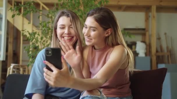 Due Giovani Signore Lgbt Stanno Parlando Con Loro Amici Nella — Video Stock